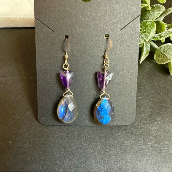 Labradorite and Amethyst Earrings lever back 14k Gold Filled - Picture 6 of 6